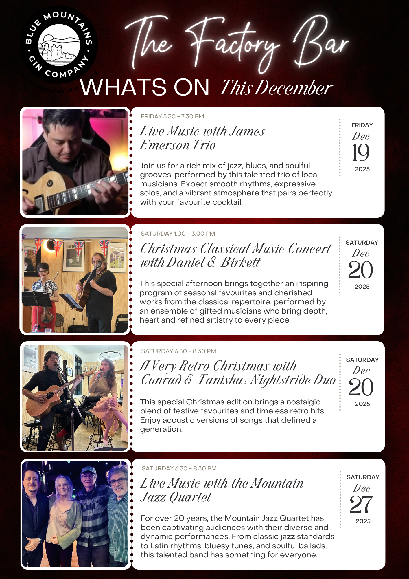 Whats on at The Factory Bar in December