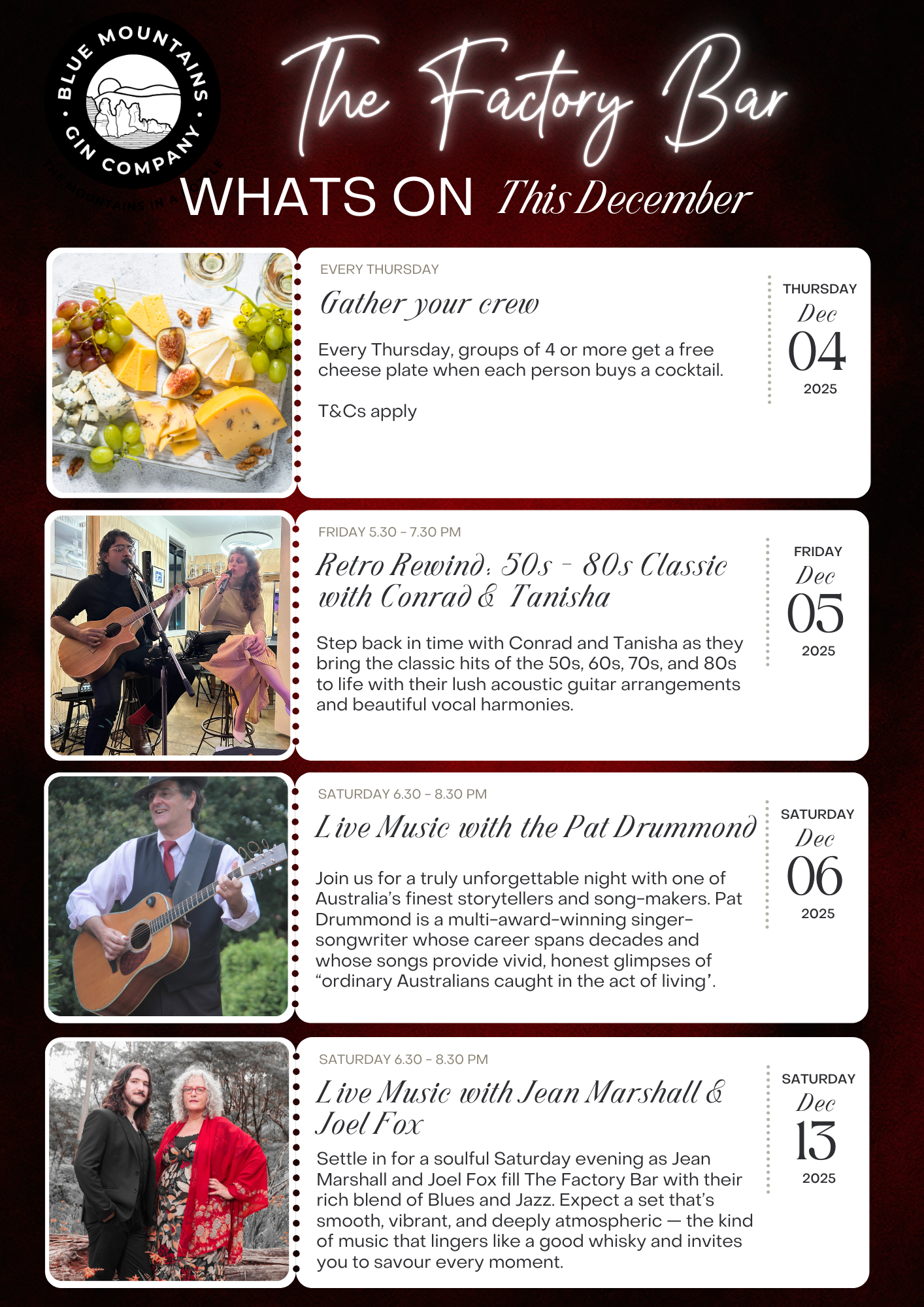 Whats on at The Factory Bar in Katoomba Dec 2025