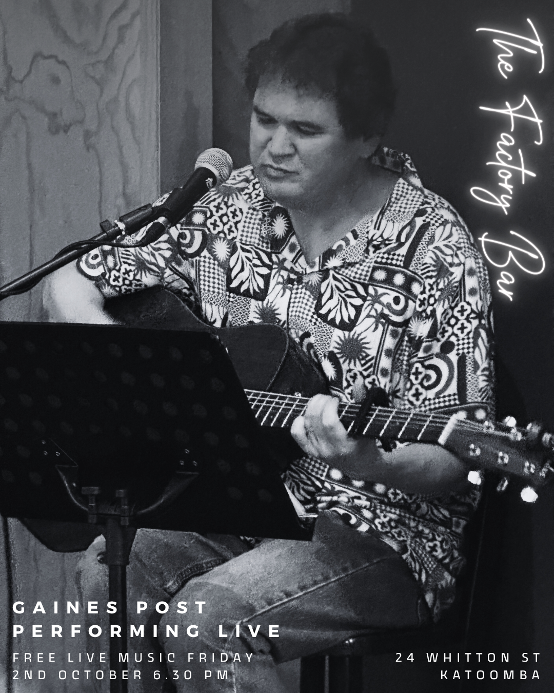 Gaines Post performing at The Factory Bar October 2026